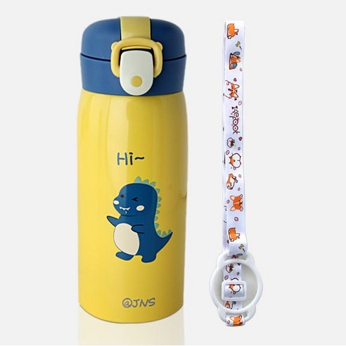 코코메이트 원터치 보온보냉 공룡 텀블러(350ml) 스트랩세트, 텀블러(옐로우)/스트랩(화이트)