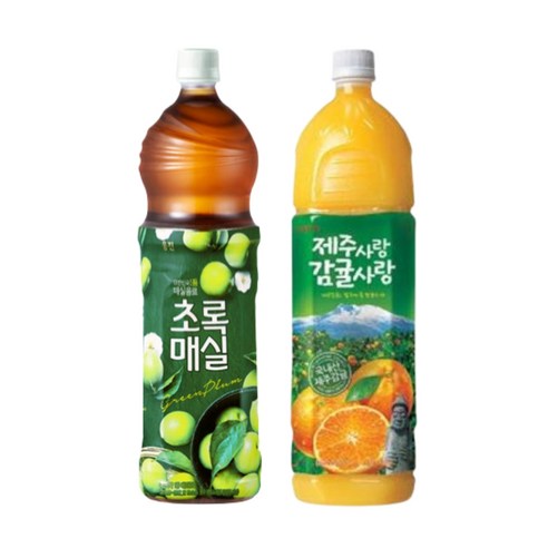 [한번에먹자쇼핑몰] 과즙음료 1.5L 2종 혼합세트 ( 웅진 초록매실 + 제주사랑감귤사랑 ) 사무실 가정용 과일음료 대용량 식자재 감귤주스 한라봉주스 매실주스 음료수세트, 4개