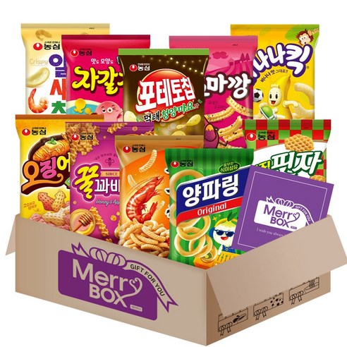 [메리박스] 농심스낵 10종세트 3호(새우깡+꿀꽈배기+오징어집+양파링+고구마깡+조청유과+벌집핏자+알새우칩+바나나킥+자갈치)+메세지카드, 농심 스낵세트 10종, 1세트