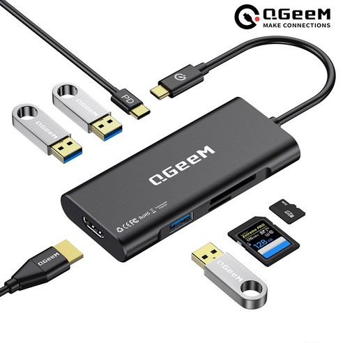 QGeeM 큐짐 USB C타입 7in1 HDMI 멀티허브 블랙 / 노트북 맥북 미러링 삼성덱스 닌텐도 스위치 호환