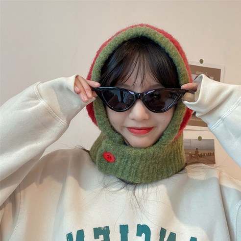 하이유니 포근 골지 니트 후드 넥 워머 바라클라바, 레드, 1개