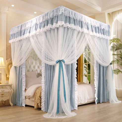 공주 침대 캐노피 여아 커튼 모기장 가림막 2층 방 무타공 벙커 쌍둥이 케노피 블라인드, 4. 체크 블루