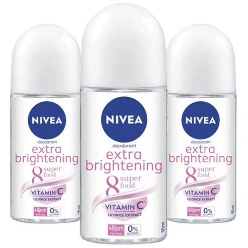 니베아 여성용 엑스트라 브라이트닝 48 잼 롤 온 데오드란트, 3개, 50ml