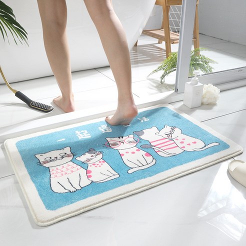 Linzheng만화 카펫 흡수 매트 화장실 가정용 발닦이 모조 캐시미어 카펫 욕실 미끄럼 방지 매트, 40*60cm(캐시미어), 고양이 일가