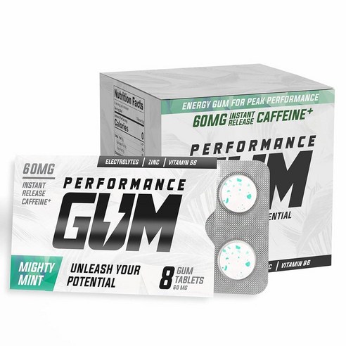 Performance Gum - 전해질 비타민 B6 및 아연 함유 카페인 에너지 껌 60mg | 운동 선수를 위한 디자인 신선한 민트 맛 체육관 러닝 4팩 32개 핫템 잇템