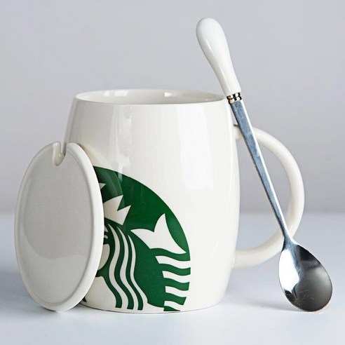 starbucks 스타벅스 컵 뚜껑있는 머그컵(숟가락 포함), 1개, 모두 흰색