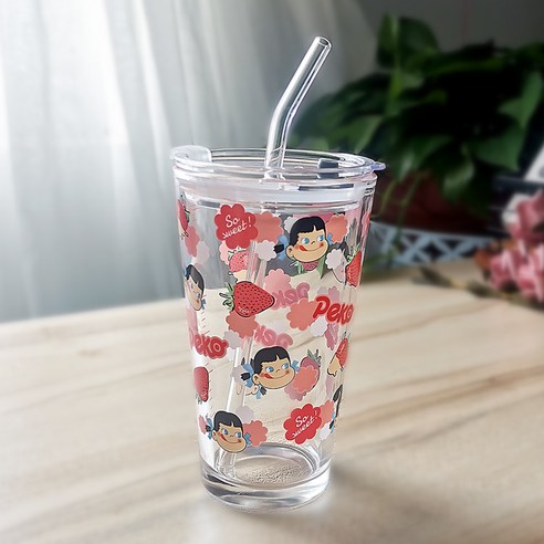 유리컵 빨대 우유 아침컵 귀엽다 만화 눈금 컵 덮개 숟가락 선물 글씨, 301-400ml, 450ml 딸기걸 고배+ps캡+유리빨대