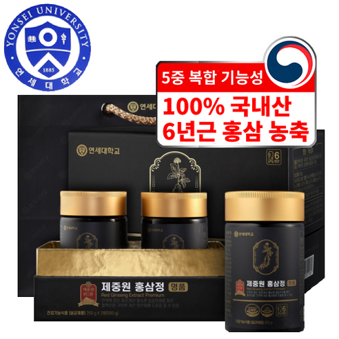 연세대학교 제중원 5중 복합 기능성 6년근 홍삼정 2병 선물세트 + 쇼핑백, 500g, 1세트