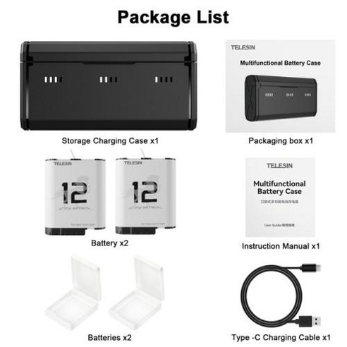TELESIN 지구력 배터리 고프로 히어로 12 11 10 9 용 1750 mAh 배터리 3 슬롯 TF 카드 배터리 보관 충전기 박스 고프로 12 11 용, Gopro 3B 블루 세트, 4) 3B Blue Set
