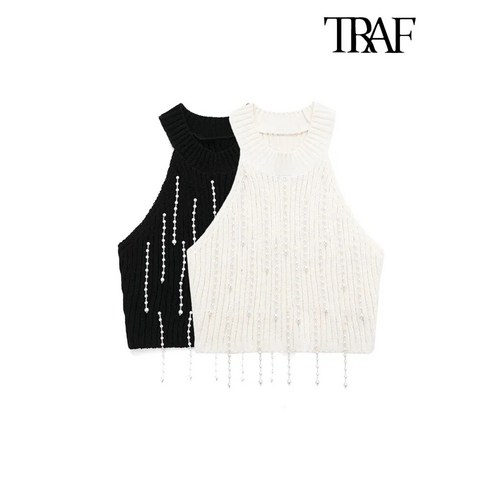 TRAF 여성용 프린지 진주 셔닐 니트 크롭 조끼 스웨터 빈티지 O넥 민소매 여성 조끼 시크한 상의 패션