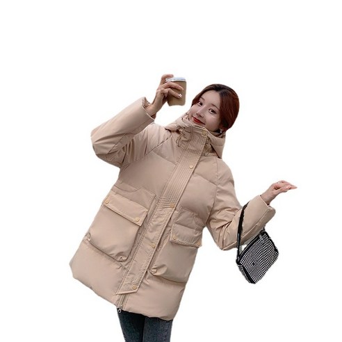 ANKRIC 경량 패딩 겨울 다운 재킷 여성 중간 길이 후드 재킷