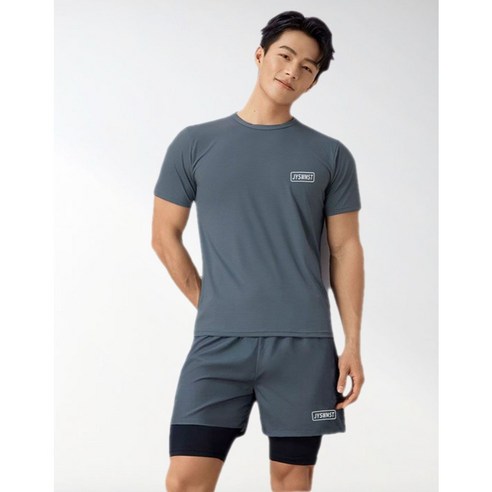 운동복처럼 편안한 루즈핏 남성 수영복 래쉬가드+2중 보호 팬츠 세트, 그레이 에어매쉬
