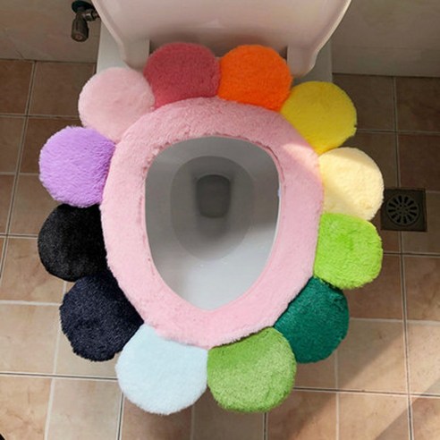【변기 매트】화장실 매트 변기 커버 가정용 꽃잎 다채로운 쿠션 플러시 화장실 커버 화장실 링 범용 화장실 쿠션 쿠션, 하나, 다채로운 + 핑크 반지