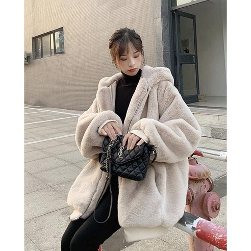 캐주얼 여성 오버핏 페이크 밍크퍼 후드 집업 자켓 고양이귀털후드집업