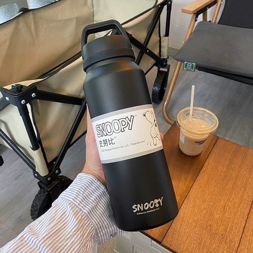 스누피 대용량304스테인레스 스틸 짚 보온병 컵, 블랙 스누피 스포츠 에디션, 1400ML
