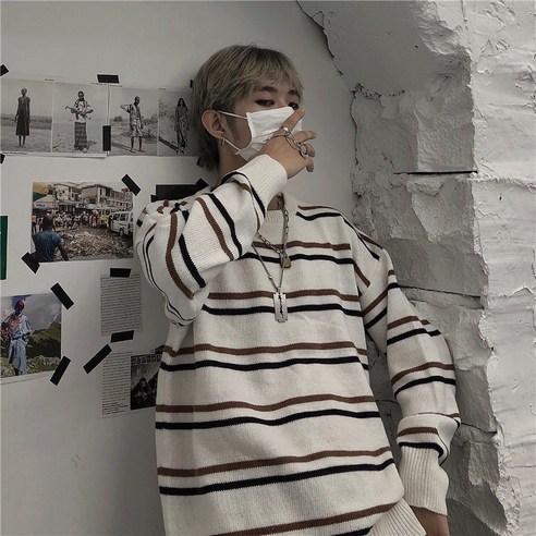 KORELAN 가을겨울 남녀 나른한 라운드 스트라이프 니트 루즈핏 풀오버 슬림 니트 정짝