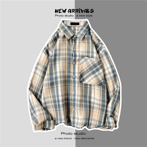 KORELAN 체크 롱 슬리브 셔츠 남성 셔츠 겨울 트렌드 멋쟁이 홍콩 스타일 2020 블루 루즈