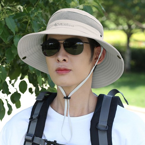 【등산모】모자 남자 여름 태양 보호 대형 처마 낚시 레저 남자 여름 어부 모자 태양 모자 야외 해변 태양 모자, 베이지