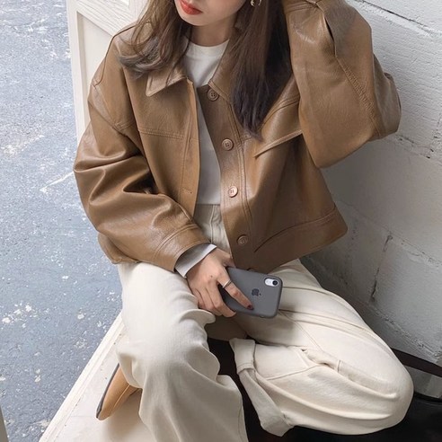 여성 숏 크롭 브라운 블랙 인조 가죽 레더 자켓