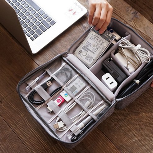 생활탐구 휴대용 디지털 방수 파우치 외장 하드 보조 배터리 수납 여행용 케이블 이어폰 충전기 전자기기 정리 보관 가방, 블랙