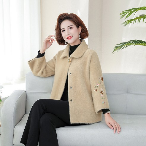 2021 가을 겨울 새로운 엄마 의류 자수 모방 밍크 울 니트 카디건 고귀한 중년 여성 서양 스타일 옷깃