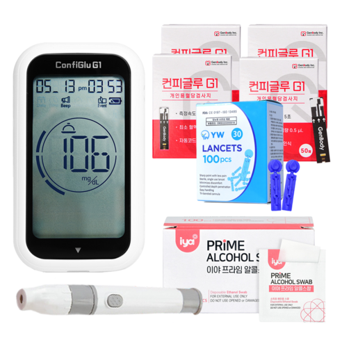 컨피글루 G1 혈당기계+혈당지50매 4박스+침100개+솜100매 (26년 10월 4개), 