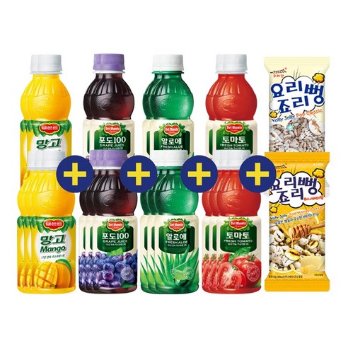 롯데델몬트 망고 400ml 5페트+포도 400ml 5페트+알로에 400ml 5페트+토마토 400ml 5페트+요리죠리뻥 2개(허니버터맛1 클래식1), 델몬트망고+델몬트포도+델몬트알로에+델몬트토마토, 400ml  각 5개, +요리죠리뻥 2개
