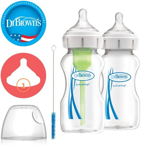 닥터브라운 와이드넥 옵션스 플러스 PP 젖병 트윈팩 + 세척솔 1p, 혼합색상, 270ml, 2개