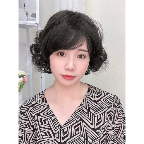 중년 여성 단발파마 전체 통가발, 1개, 네츄럴블랙