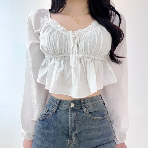 투디 스퀘어넥 퍼프 포인트 프릴 리본 블라우스 3color