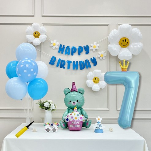 연지마켓 데이지 곰돌이 생일 파티 숫자 풍선 가랜드 세트, 7, 1세트, 베어 블루 7