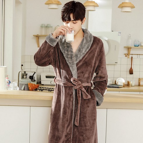 DFMEI-Y 잠옷 여성의 가을과 겨울 긴 산호 양털 플러스 벨벳 두꺼운 커플 목욕 가운 플란넬 남자 잠옷 겨울 홈 착용, {"패션의류/잡화 사이즈":"M 적합 [160cm -120kg]"}, DFMEI 커피 [] 모피 칼라 플란넬