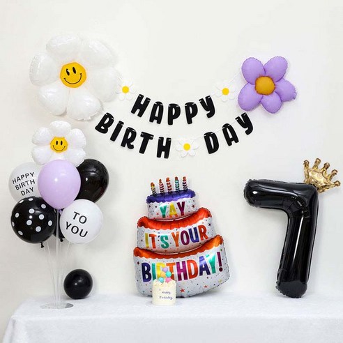 [피앤비유니티] 캐릭터무광데이지 생일케익풍선세트 스탠드형, 10-07)무광데이지생일풍선세트 7 블랙, 1세트