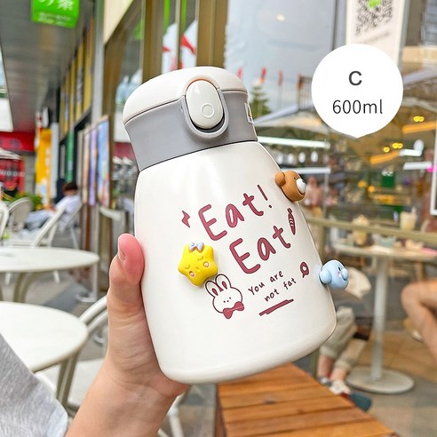 [LM] 600ml 곰 스티커 물병 스테인리스 보온병 짚 진공 절연 휴대용 Leakproof 텀블러 컵 선물, {"크기":"600ml"}, C with sticker