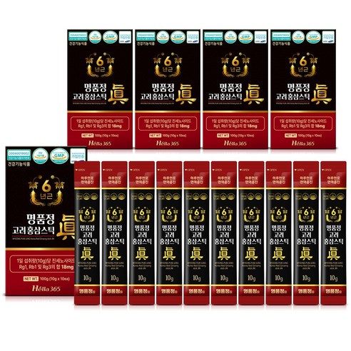 명품정 6년근 고려 홍삼 스틱 진 실속형 1포당 진세노사이드 18mg, 10g, 50개