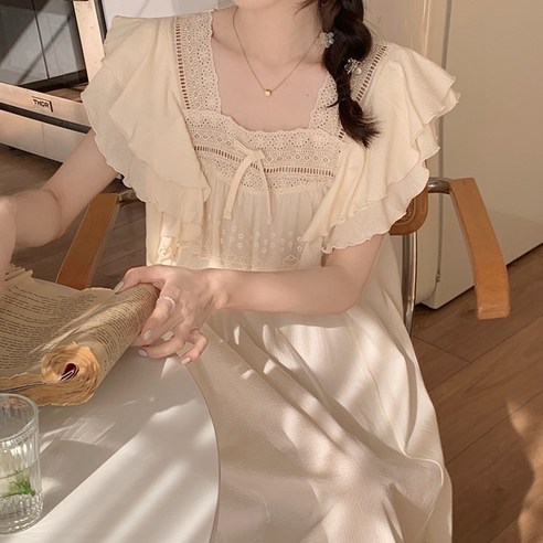 [러빙리] 샤프란 여성 반팔 원피스 여름 잠옷 순면 홈웨어 파자마세트