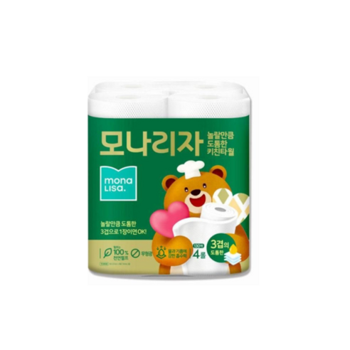 모나리자 주방을부탁해 놀랄만큼도톰한 3겹 천연펄프 키친타올 130매, 4개입, 8개