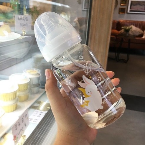 한국어 스타일 귀여운 컵 졸업 짚 성인 크리 에이 티브 유리 컵 여학생 젖꼭지 컵 휴대용 컵, 330ml문토끼스케일240_단일병+밀짚중력볼+컵브러시