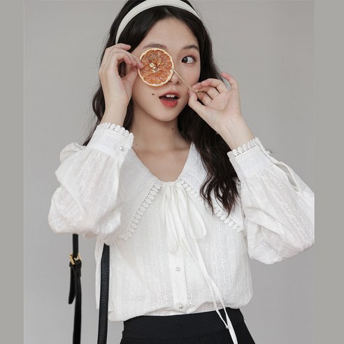 KORELAN 새로운 달콤한 칼라 중공 면 퍼프 슬리브 탑 느슨한 세련된 긴팔 셔츠 여성