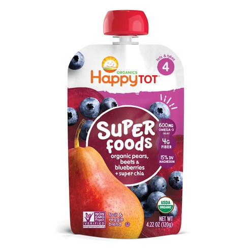 해피토트 슈퍼푸드 어린이 스무디 120g, 배 + 비트 + 블루베리 + 슈퍼 치아(Pears + Beets + Blueberries + Super Chia), 1개