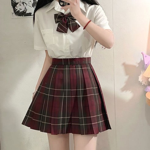 cammello 여성 기본핏 버건디 체크무늬 반팔 교복 세트 놀이동산룩