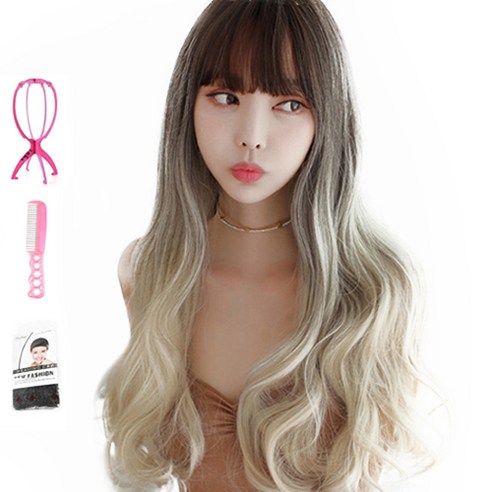 가발위드 긴머리 웨이브 전체 통가발 밀키+가발걸이1개+가발전용빗1개+가발망1개 세트상품, 베이지 크림색, 1세트