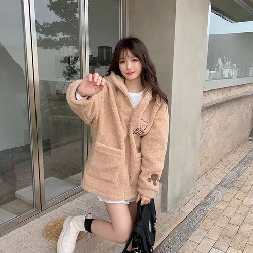 ANYOU 양털후리스 후리스 후드 집업 뽀글이 집업 자켓