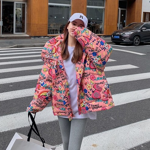 리얼 샷 낙서 겨울 자켓 여성 코트 새로운 학생 홍콩 스타일 두꺼운 짧은 면화 패딩 자켓