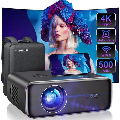 Auto Focus WiFi 6 및 Bluetooth 5.2 500 ANSI 프로젝터 4K WiMiUS P62 네이티브 1080P 야외 영화 오토 6D 키스톤 50 줌 전화PCTV, Black 영상가전