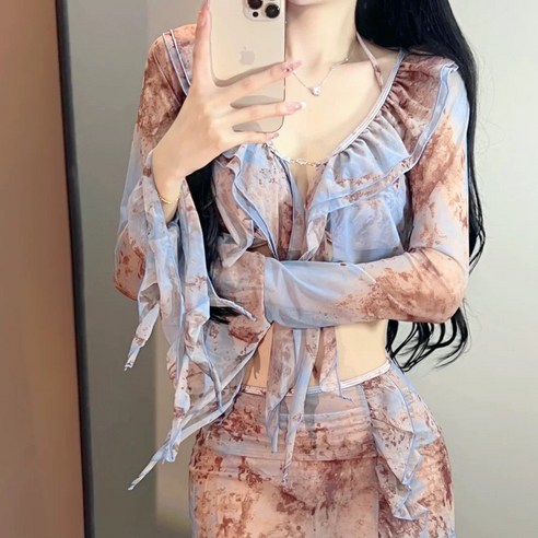 여성 비치웨어 섹시 체형커버 시스루 비키니 수영복 4피스 세트