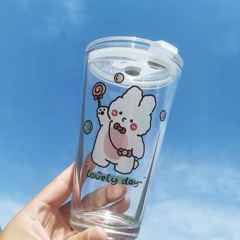 빨대 컵 여학생 한국판 ins풍 유리컵 가정용 뚜껑 휴대용 우유컵 소녀심 물컵 실크 프린트 곰 싱글컵, 화투 풍선 토끼 구이(컵+단열컵 세트 총 6종 세트)