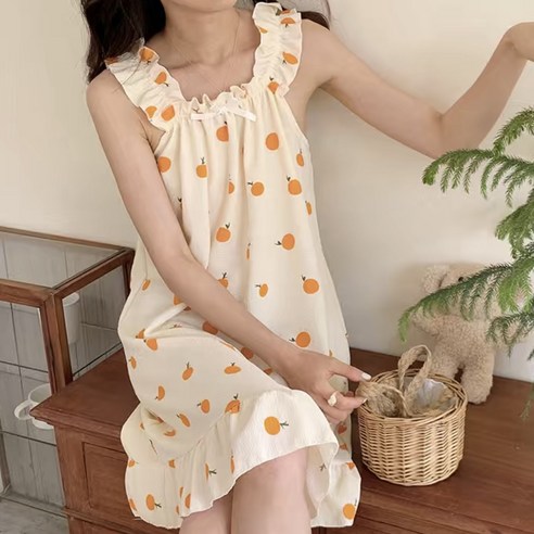 야오야오 카라카라 오렌지 프릴 리본 나시 원피스 잠옷