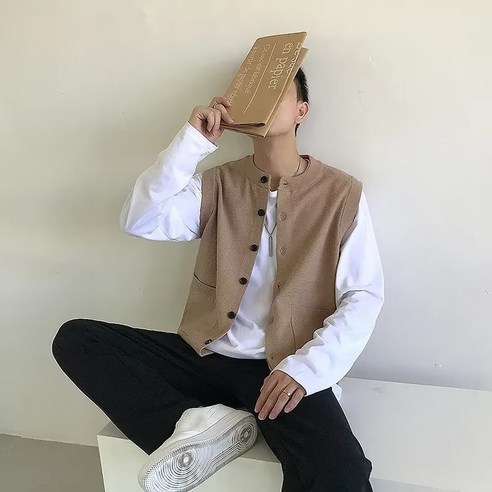 DZX 남성 심플 부드러운 가디건 베스트 민소매 싱글 단추 포켓 니트 조끼