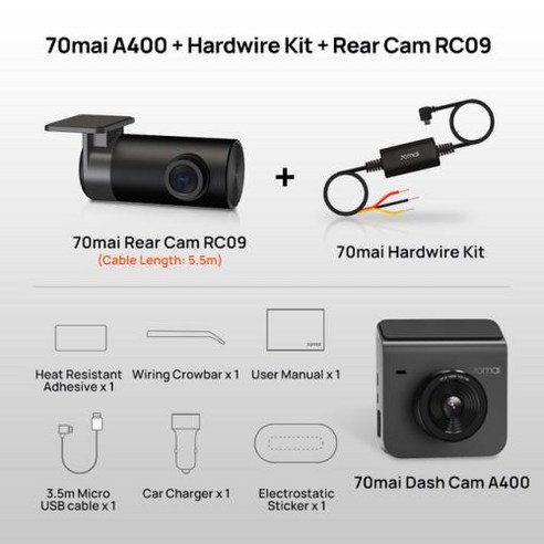 70mai 차량용 대시 캠 우수한 야간 투시경 주차 모드 Wi-Fi 앱 제어 재현된 DVR A400 2023 1440P, 6) Front Cam n HW Kit - 64GB C